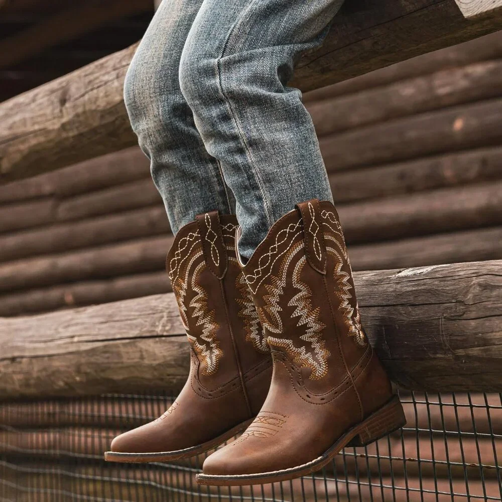 ⚡Kids Brown Synthetic Cowboy Western Riding Shoes Square Toe Wide Calf Boots